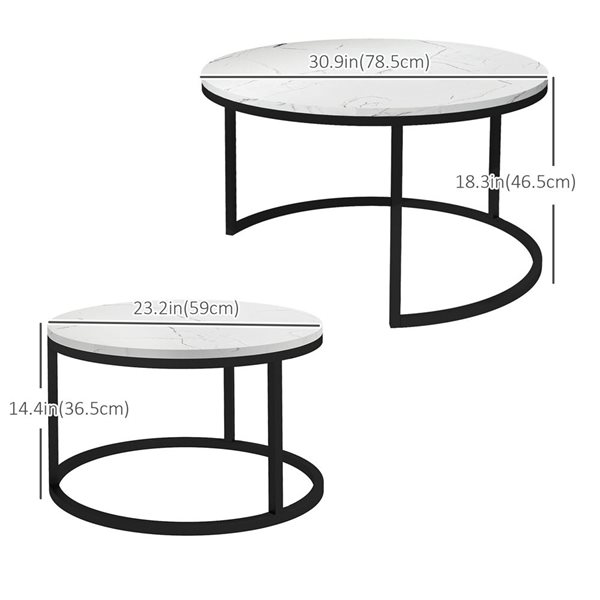 HOMCOM White Marble-Look MDF/Black Metal Round Nesting Coffee Tables - Set of 2