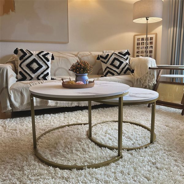 HOMCOM White Marble-Look MDF/Gold Metal Round Nesting Coffee Tables - Set of 2