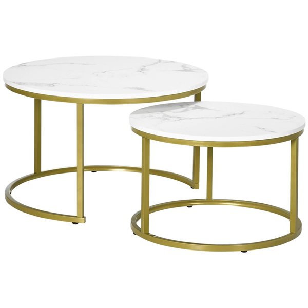 HOMCOM White Marble-Look MDF/Gold Metal Round Nesting Coffee Tables - Set of 2