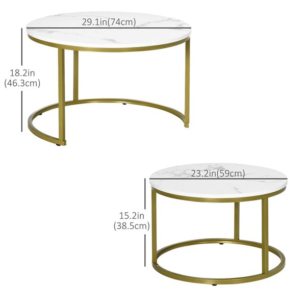 HOMCOM White Marble-Look MDF/Gold Metal Round Nesting Coffee Tables - Set of 2
