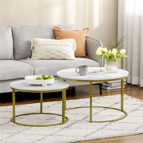 HOMCOM White Marble-Look MDF/Gold Metal Round Nesting Coffee Tables - Set of 2