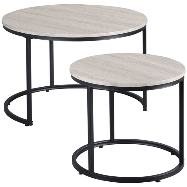 HOMCOM White Grey MDF/Black Metal Round Nesting Coffee Tables - Set of 2
