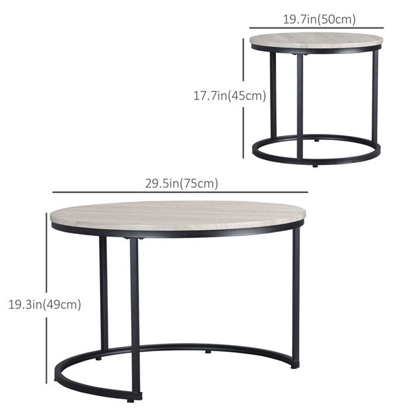 HOMCOM White Grey MDF/Black Metal Round Nesting Coffee Tables - Set of 2