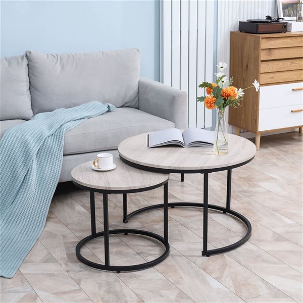 HOMCOM White Grey MDF/Black Metal Round Nesting Coffee Tables - Set of 2