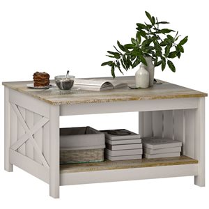 HOMCOM 31.5 x 17.7-in Distressed Oak/Brown Farmhouse Square Coffee Table w/ Storage Shelf