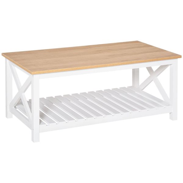 HOMCOM 45.7 W x 23.6 D x 18.9-in H White/Natural MDF Farmhouse Coffee Table with Slatted Bottom Shelf