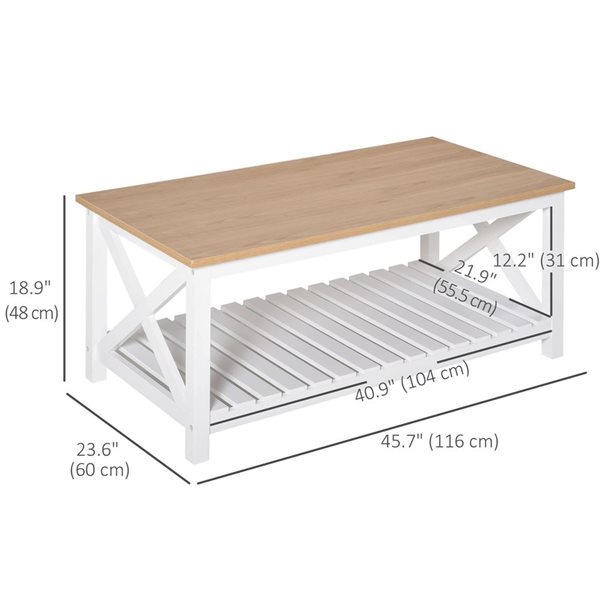 HOMCOM 45.7 W x 23.6 D x 18.9-in H White/Natural MDF Farmhouse Coffee Table with Slatted Bottom Shelf