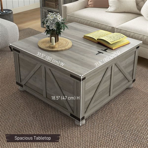 HOMCOM Coffee 31.5 x 18.5-in Distressed Grey Particleboard Square Coffee Table w/ Flip Top and Hidden Storage