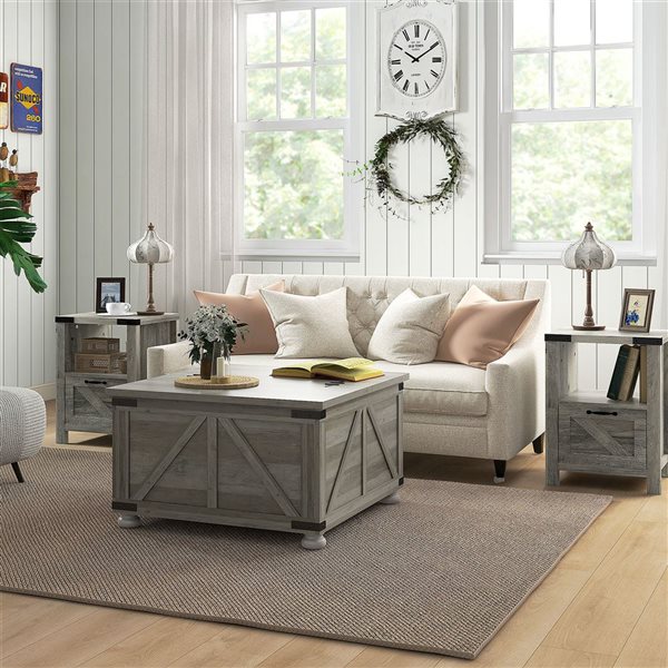 HOMCOM Coffee 31.5 x 18.5-in Distressed Grey Particleboard Square Coffee Table w/ Flip Top and Hidden Storage