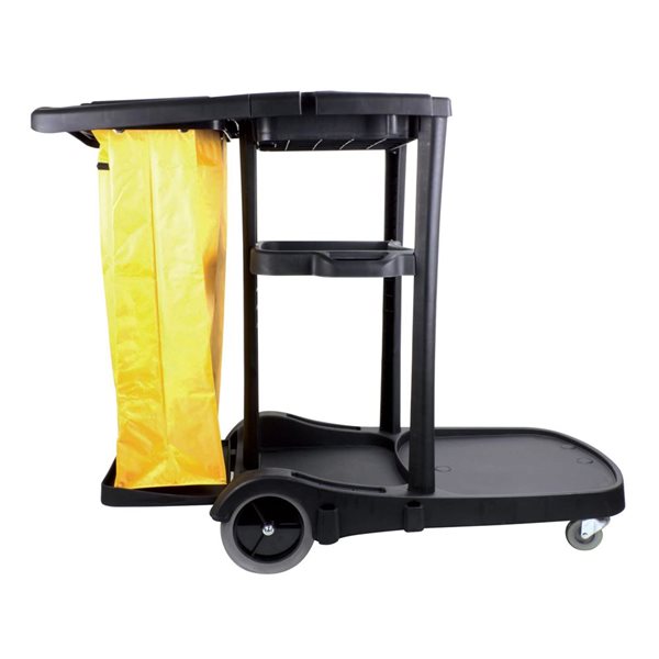 Johnny Vac Black 3-Shelf Janitor Cart with Front Casters,  Non-Marking Rear Wheels and Polyester Garbage Bag Support