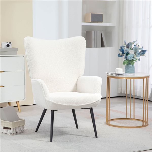 HOMCOM Modern Polyester Sherpa Accent Upholstered Wingback Armchair - White