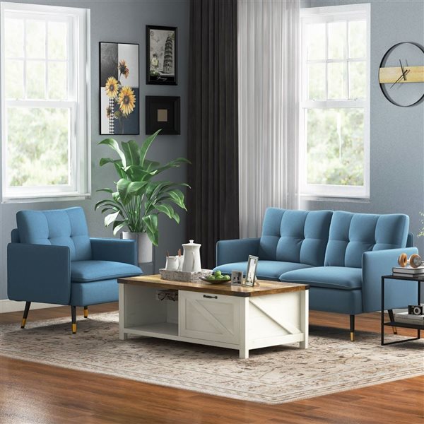HOMCOM 55-in Modern Tufted Linen Loveseat Sofa - Dark Blue