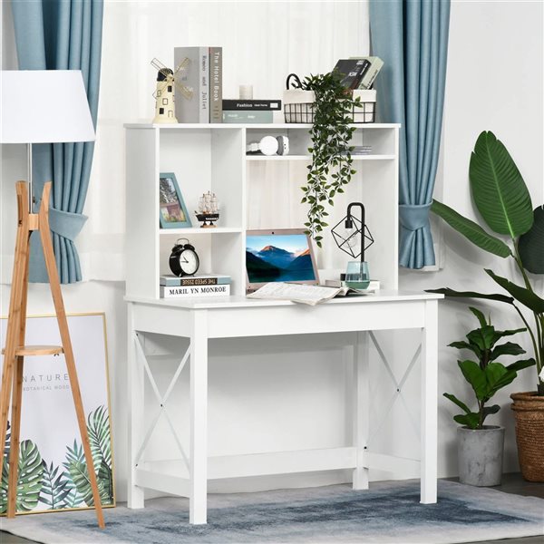 HOMCOM Computer Desk with Storage, Study Table with Bookshelves - White