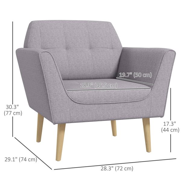 HOMCOM Modern Accent Armchair with Tufted Linen Pattern and Rubber Wood Legs - Grey