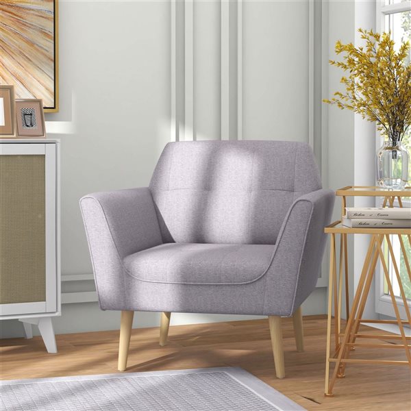 HOMCOM Modern Accent Armchair with Tufted Linen Pattern and Rubber Wood Legs - Grey