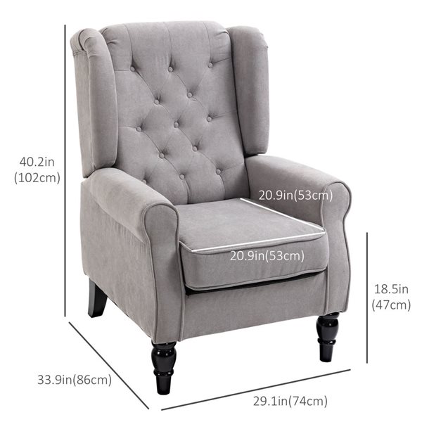HOMCOM Button Tufted Polyester Accent Rounded Armchair with Wing Back - Light Grey