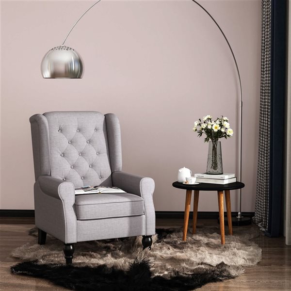 HOMCOM Button Tufted Polyester Accent Rounded Armchair with Wing Back - Light Grey