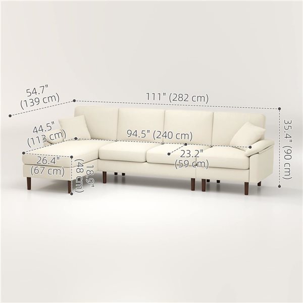 HOMCOM Cushioned Linen Sectional Sofa with Lounge Chair - Cream White