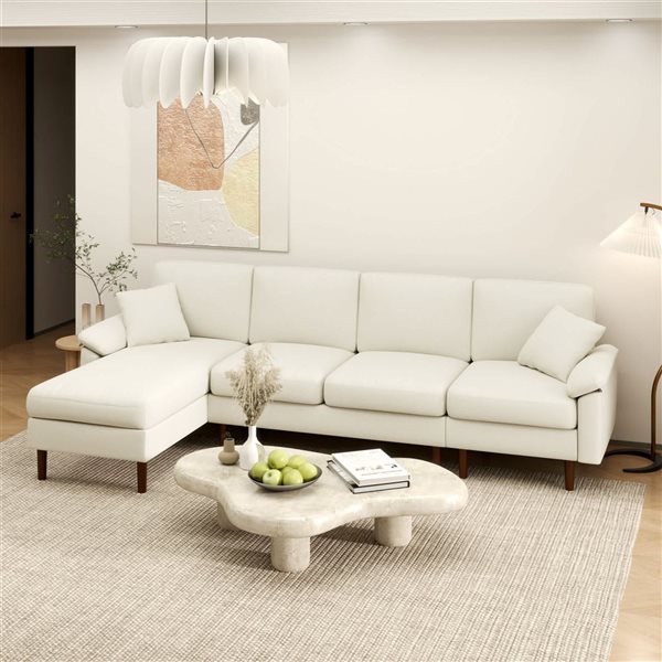 HOMCOM Cushioned Linen Sectional Sofa with Lounge Chair - Cream White