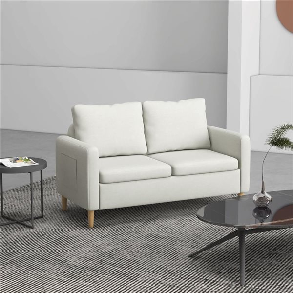 HOMCOM 56-in Bedroom Cushioned Linen 2-Seat Loveseat Sofa with Side Pockets - White