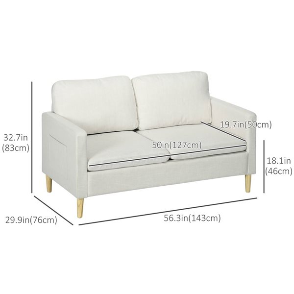 HOMCOM 56-in Bedroom Cushioned Linen 2-Seat Loveseat Sofa with Side Pockets - White