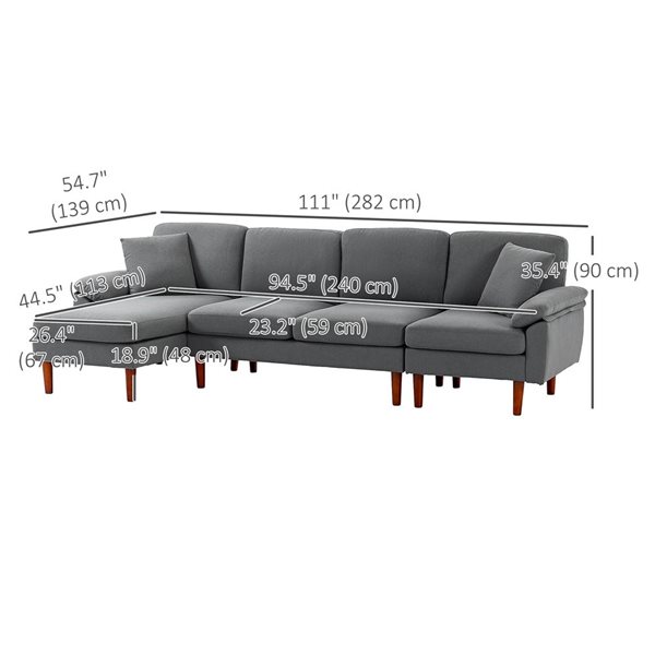 HOMCOM Cushioned Linen Sectional Sofa with Lounge Chair - Dark Grey