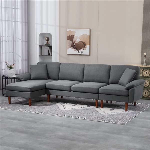 HOMCOM Cushioned Linen Sectional Sofa with Lounge Chair - Dark Grey