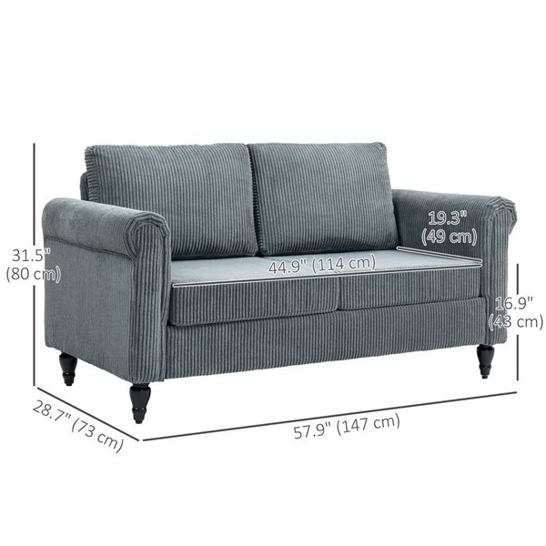 HOMCOM Loveseat w/ Curved Armrests and Corduroy Padded Seat - Grey