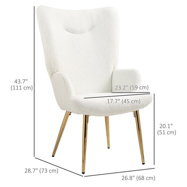 HOMCOM Wingback Polyester Accent Armchair with Metal Legs - White