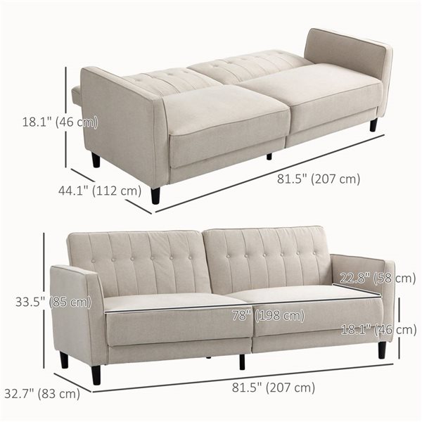 HOMCOM Modern Convertible Tufted Linen Sofa Bed, Folding Futon Bed Couch - Beige