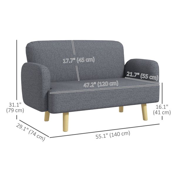 HOMCOM 2-Seater Sofa Couch with 8.3-in Thick Velvet Padding and Wood Legs - Grey