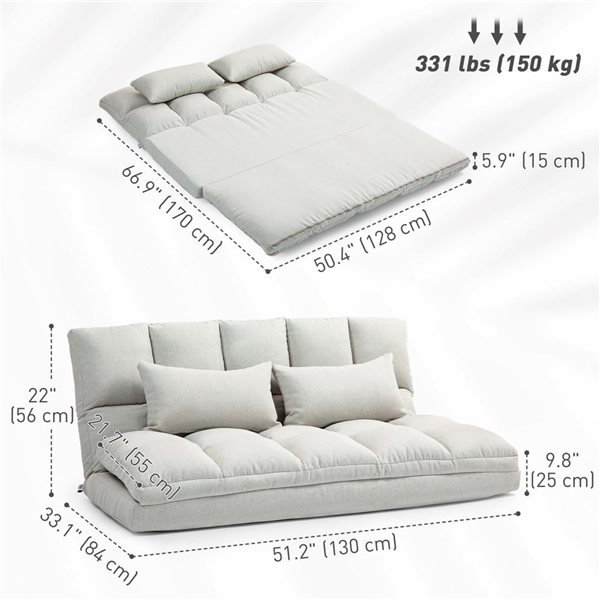 HOMCOM Adjustable Foldable Floor Sleeper Sofa w/ 2 Pillows - Cream White
