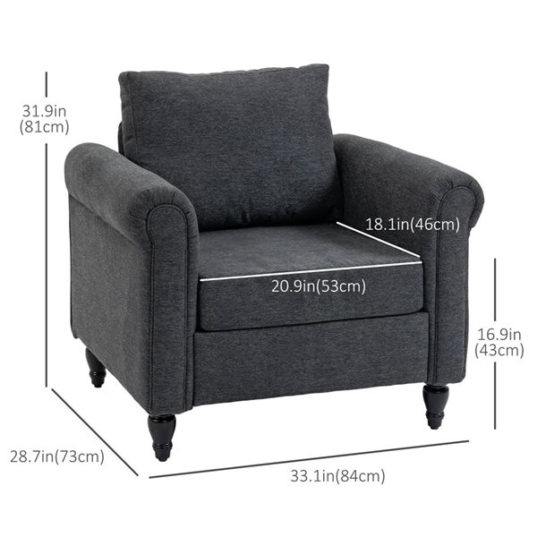 HOMCOM Vintage Accent Chenille Upholstered Armchair with Rubber Wood Legs - Dark Grey