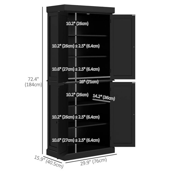 HOMCOM Black Composite 16 D x 73 H x 30-in W Freestanding Kitchen Pantry Cabinet w/ 4 Doors and Shelves