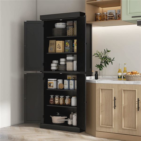 HOMCOM Black Composite 16 D x 73 H x 30-in W Freestanding Kitchen Pantry Cabinet w/ 4 Doors and Shelves