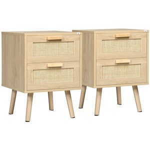 Ensemble de 2 tables de chevet style bohème HOMCOM en composite et pin naturel 16 p. x 22 h. x 16 po l. avec 2 tiroirs