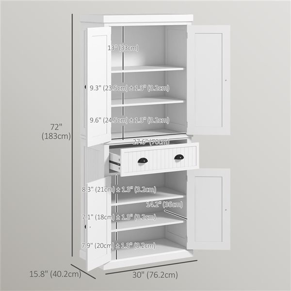 HOMCOM White Composite 16 D x 72 H x 30-in W Freestanding Kitchen Pantry Cabinet w/ Drawer and Doors