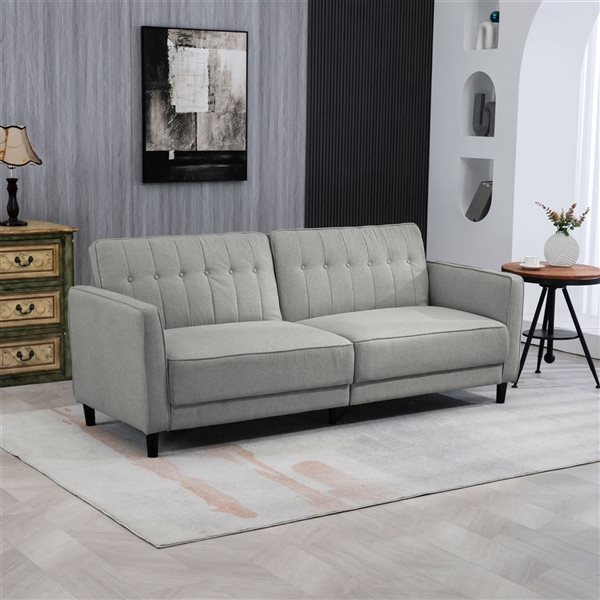 HOMCOM Modern Convertible Tufted Linen Sofa Bed, Folding Futon Bed Couch - Grey