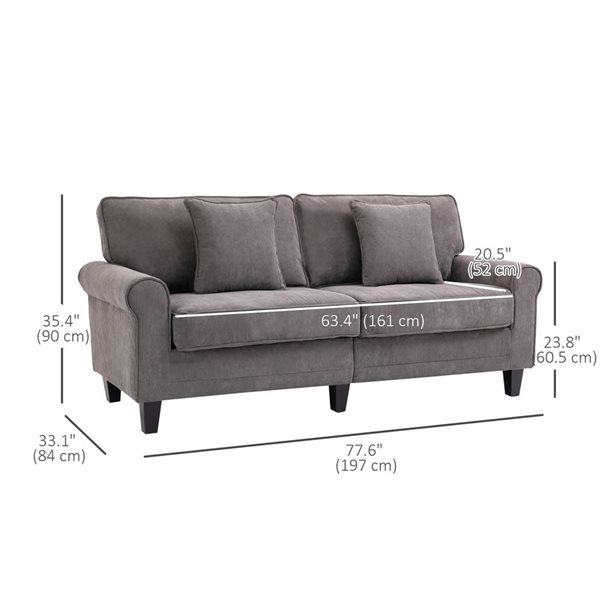 HOMCOM Modern Corduroy 3-Seater Sofa with Rolled Armrests - Grey