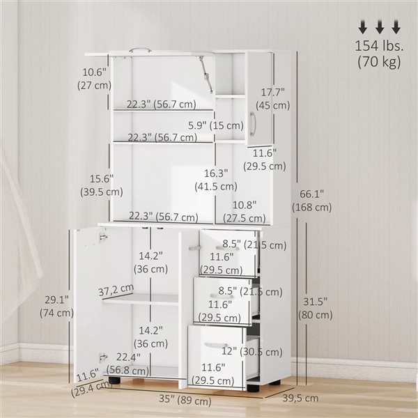 HOMCOM White Composite 16 D x 66 H x 35-in W Kitchen Buffet w/ Hutch and Drawers