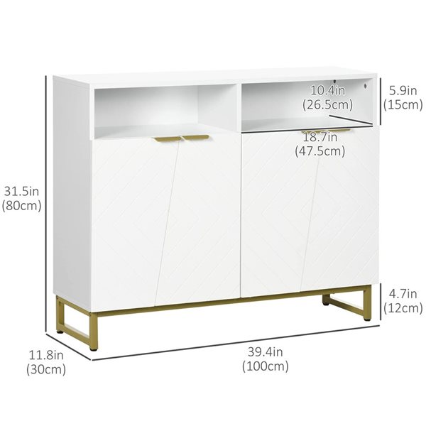 HOMCOM White Composite 12 D x 32 H x 39-in W Kitchen Buffet Sideboard w/ Adjustable Shelves and Metal Base