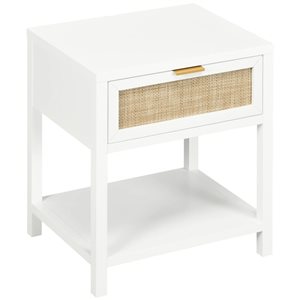 HOMCOM White Composite and Rattan 16 D x 24 H x 20-in W Boho Nightstand w/ Drawer and Open Shelf