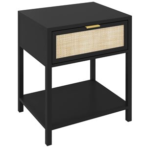 HOMCOM Black Composite and Rattan 16 D x 24 H x 20-in W Boho Nightstand w/ Drawer and Open Shelf