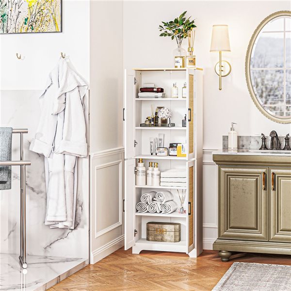 HOMCOM White Composite 12 D x 67 H x 24-in W Kitchen Pantry w/ 4 Rattan Doors and Adjustable Shelves