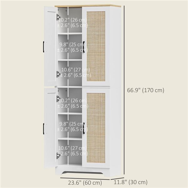 HOMCOM White Composite 12 D x 67 H x 24-in W Kitchen Pantry w/ 4 Rattan Doors and Adjustable Shelves