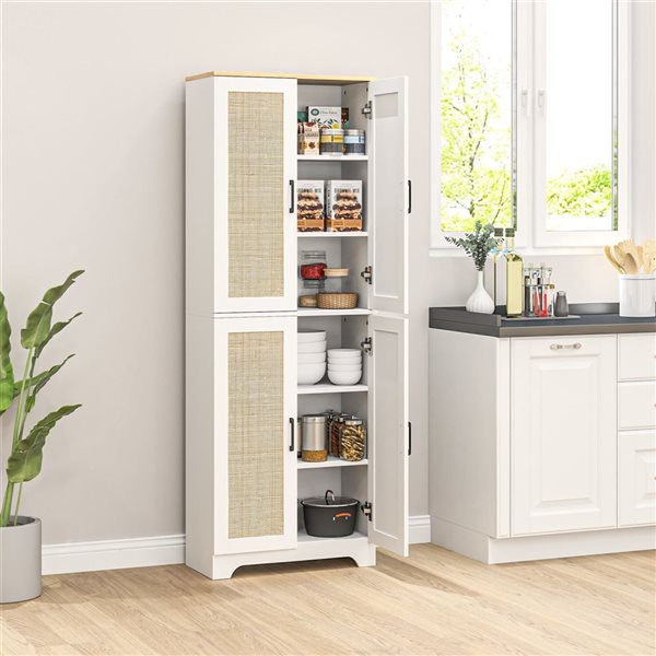 HOMCOM White Composite 12 D x 67 H x 24-in W Kitchen Pantry w/ 4 Rattan Doors and Adjustable Shelves