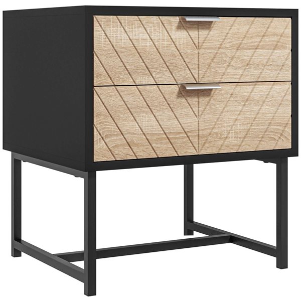 Table De Chevet 2 Tiroirs HOMCOM – Design Cannelé, Pieds Acier, Noir Et Doré – 40x39x48 Cm