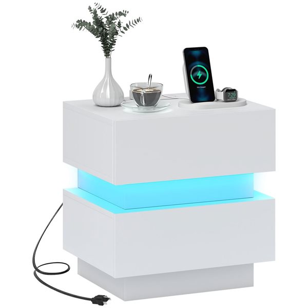 HOMCOM White Composite 14 D x 18 H x 18-in W Modern Nightstand w/ Charging Station and LED Light