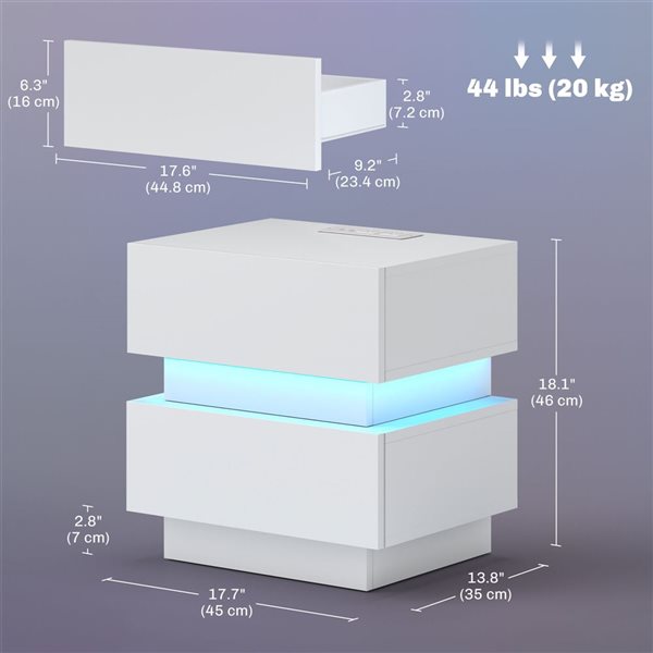 HOMCOM White Composite 14 D x 18 H x 18-in W Modern Nightstand w/ Charging Station and LED Light
