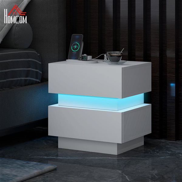 HOMCOM White Composite 14 D x 18 H x 18-in W Modern Nightstand w/ Charging Station and LED Light